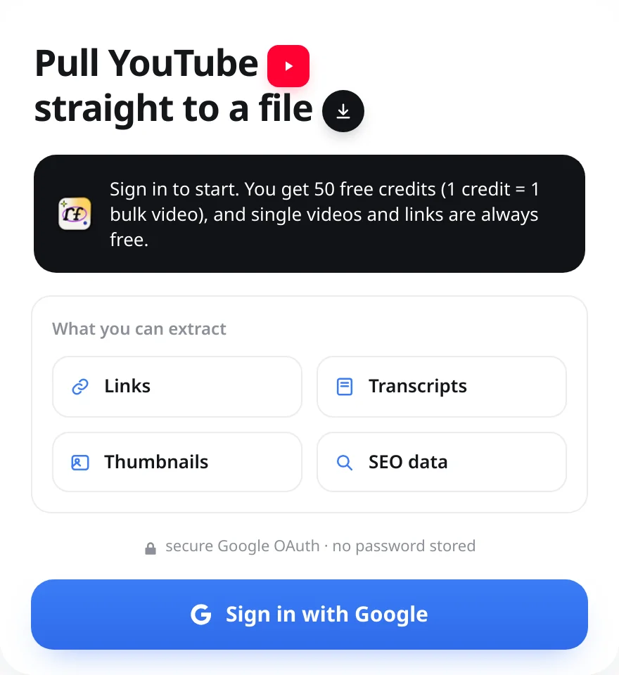 The RapidFetch Chrome extension popup inviting a new user to sign in, listing the four things it extracts from YouTube: links, transcripts, thumbnails and SEO data.